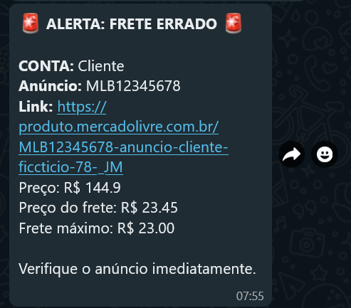 Receba alertas instantâneos sempre que um frete ultrapassar o limite.